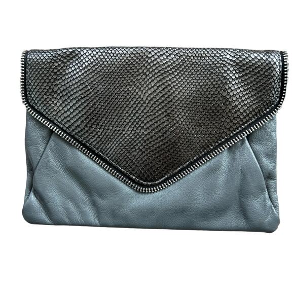 Halogen Envelope Clutch Purse Gray Leather‎ Zipper Trim Edgy Retro Glam Designer - Picture 7 of 14